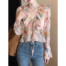 批发法式荷叶边V领碎花<b class='q'>雪纺</b>衬衫女2026春系带喇叭袖高级感娃娃衫上衣