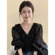 批发高级感miu系波点荷叶边系带衬衫女2026春季新款洋气轻奢气质上衣
