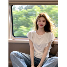 批发法式温柔甜美白色荷叶边短袖T恤女2026<b class='q'>春</b>夏独特漂亮显瘦百搭上衣