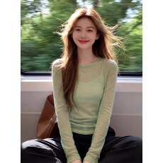 批发春夏季薄款绿色长袖<b class='q'>t</b><b class='q'>恤</b>防晒罩衫女叠穿可外穿百搭漂亮上衣巨好看