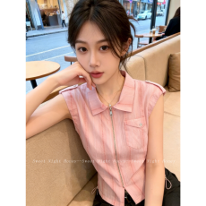 批发夏季新款温柔少女风POLO领无袖衬衫女拉链抽绳显瘦小个子无袖上衣