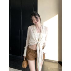 批发法式时尚百搭雪纺连帽系带开衫女夏季新款薄款收腰<b class='q'>短</b>外套防晒上衣