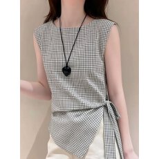 批发法式轻熟风格子无袖<b class='q'>衬衫</b>设计感小众绑带收腰显瘦百搭<b class='q'>真丝</b>上衣女士