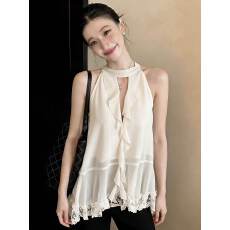 批发法式浪漫风重工<b class='q'>蕾丝</b>无袖挂脖荷叶边<b class='q'>雪纺衫女</b>夏季新款时尚减龄上衣