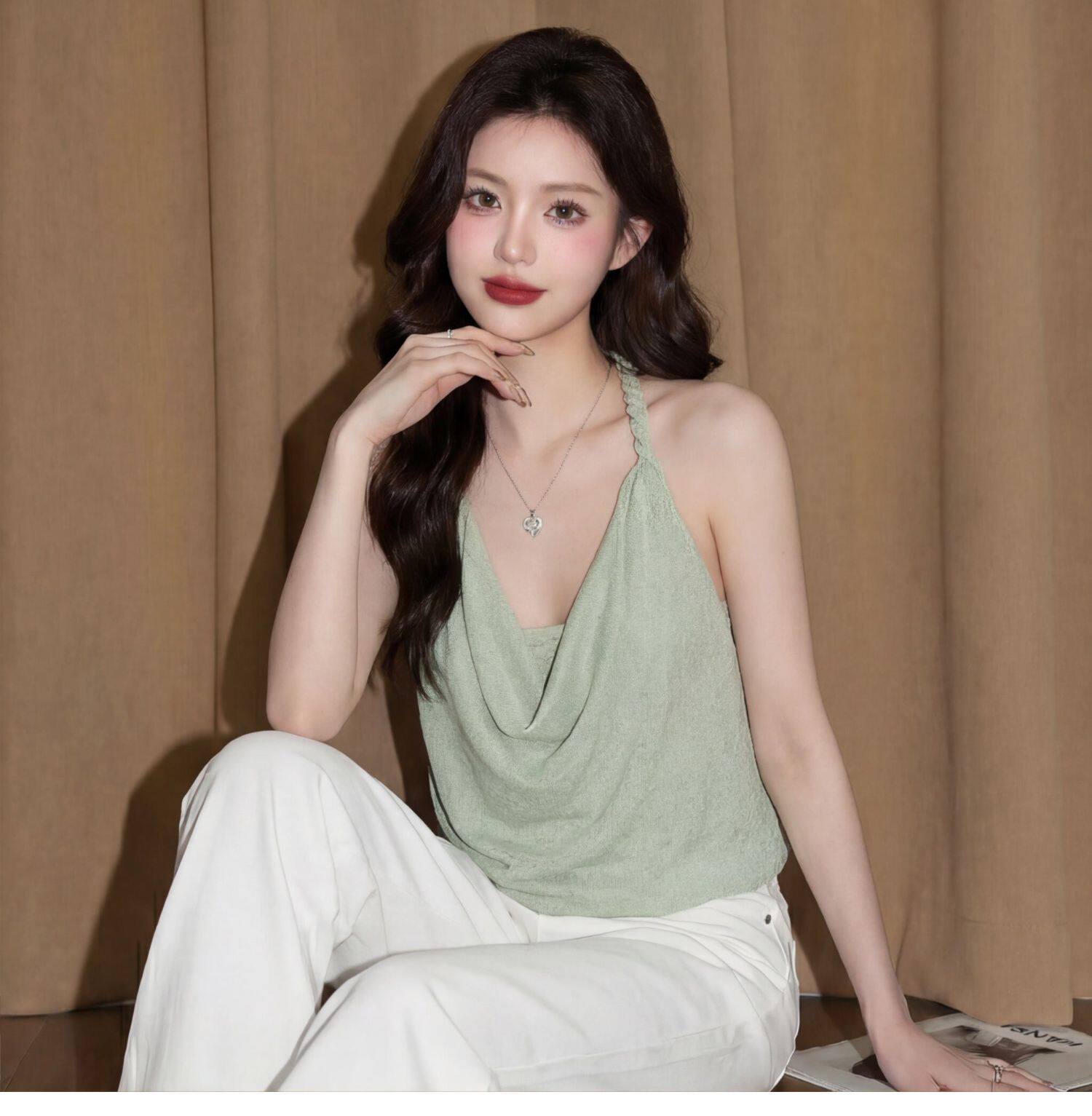 프랑스식 녹색 행침 목 캐미솔 여름 도파민 태국 사람 스타일 고유 한 아름다운 사소한 해변가 꽃밭 작은 맨위