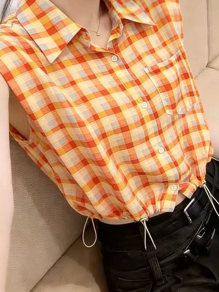 프랑스식 레트로 자이언트 잘 생긴 체크무늬 POLO 칼라 민소매 여성 셔츠 디자인 센스 여름 핫걸 출퇴근 아름다운 맨위