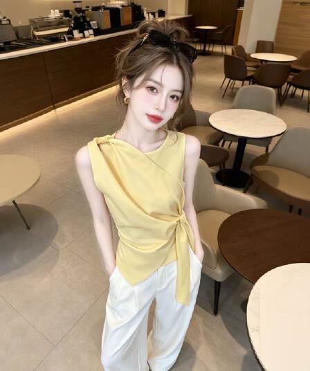 프랑스식 빛 럭셔리 바람 품격 민소매 여성 셔츠 2026 여름 새로운 고급 센스 레이스업 허리 수축 불규칙 맨위