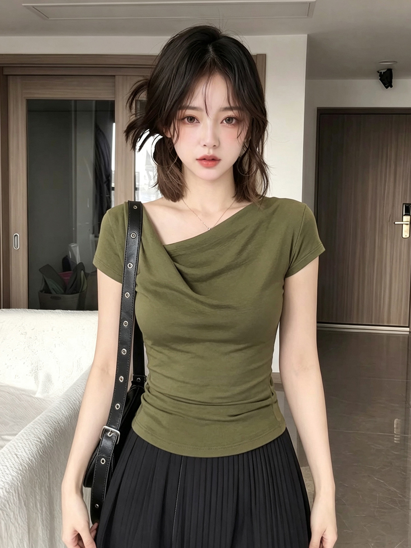 특별 아름다운 꼬집기 허리 위로 의류 빛 요리 한 프랑스식 작은 대중 흔들다 칼라 녹색 반팔 티셔츠 여성 여름 인사이드 가져 가라. 기본 셔츠