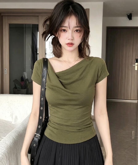 특별 아름다운 꼬집기 허리 위로 의류 빛 요리 한 프랑스식 작은 대중 흔들다 칼라 녹색 반팔 티셔츠 여성 여름 인사이드 가져 가라. 기본 셔츠