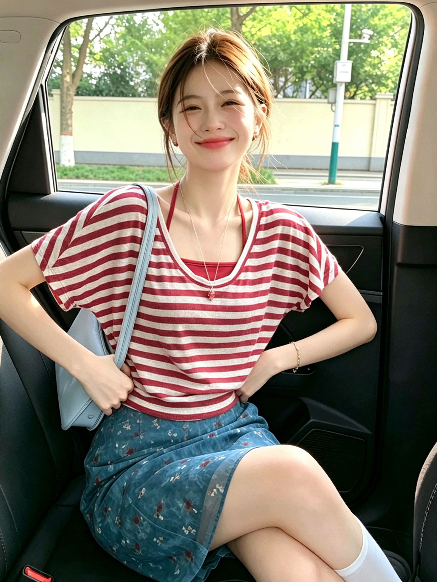 빨간색 스트라이프 반팔 티셔츠 행침 목 슬립 맨위 세트 여성 여름 연령 감소 패션 캐주얼 스택 착용 투피스 세트
