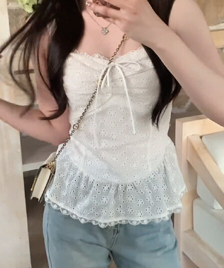 레이스 레이스 홀로우 아웃 화이트 캐미솔 여름 외출용 작은 키 고유 한 작은 셔츠 민소매 맨위