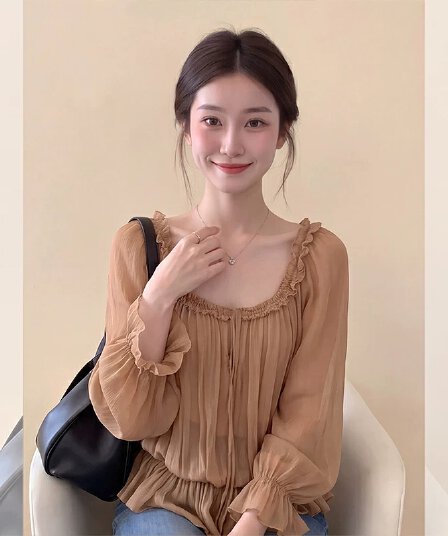 프랑스식 브라운 프릴 광장 칼라 긴팔 셔츠 여성 2026 이른 가을 새로운 느긋한 느슨함 센스 자외선 차단 맨위