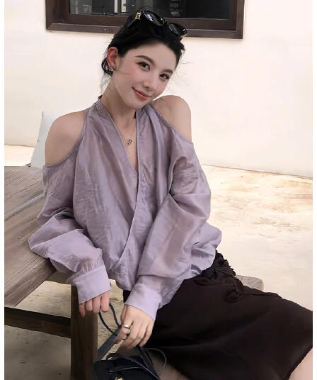 부드러운 느긋한 바람 V넥 오프숄더 레이스 업 셔츠 여성 긴 소매 루즈핏 슬림해 보이는 품격 미니멀리즘 다용도 출퇴근 맨위