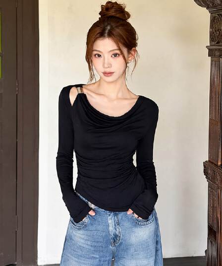 ifdede 핫걸 바람 홀로우 아웃 오프숄더 흔들다 칼라 금속 버클 기본 셔츠 여성 순수한 욕망 비대칭 슬림해 보이는 긴팔 티셔츠