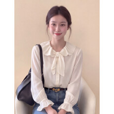 批发法式白色荷叶边系带长袖衬衫女士2026秋季新款设计感小众气质上衣