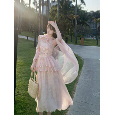 批发Blovelan密语花庭 气质温柔显白挂脖钉珠高腰<b class='q'>荷叶边</b>仙女<b class='q'>连衣裙</b>春