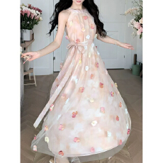 批发粉黛流芳 浅春系立体花朵挂脖新中式假两件重工连衣裙新