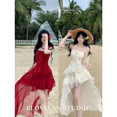 批发雾吻山茶 小飞袖雪纺绝美拖尾度假吊带连衣裙