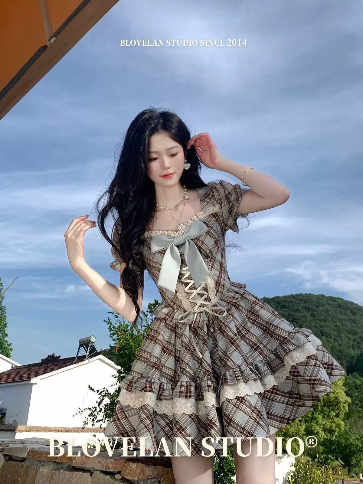 榛 과일 가져 가라. 철 달콤한 매운맛 레트로 체크무늬 레이스 스트랩 허리 수축 퍼프 스커트 여름
