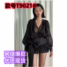 批发小众设计感灯笼袖<b class='q'>衬衫</b>女秋季流行风格蝴蝶结荷叶边生日宴裙子套装