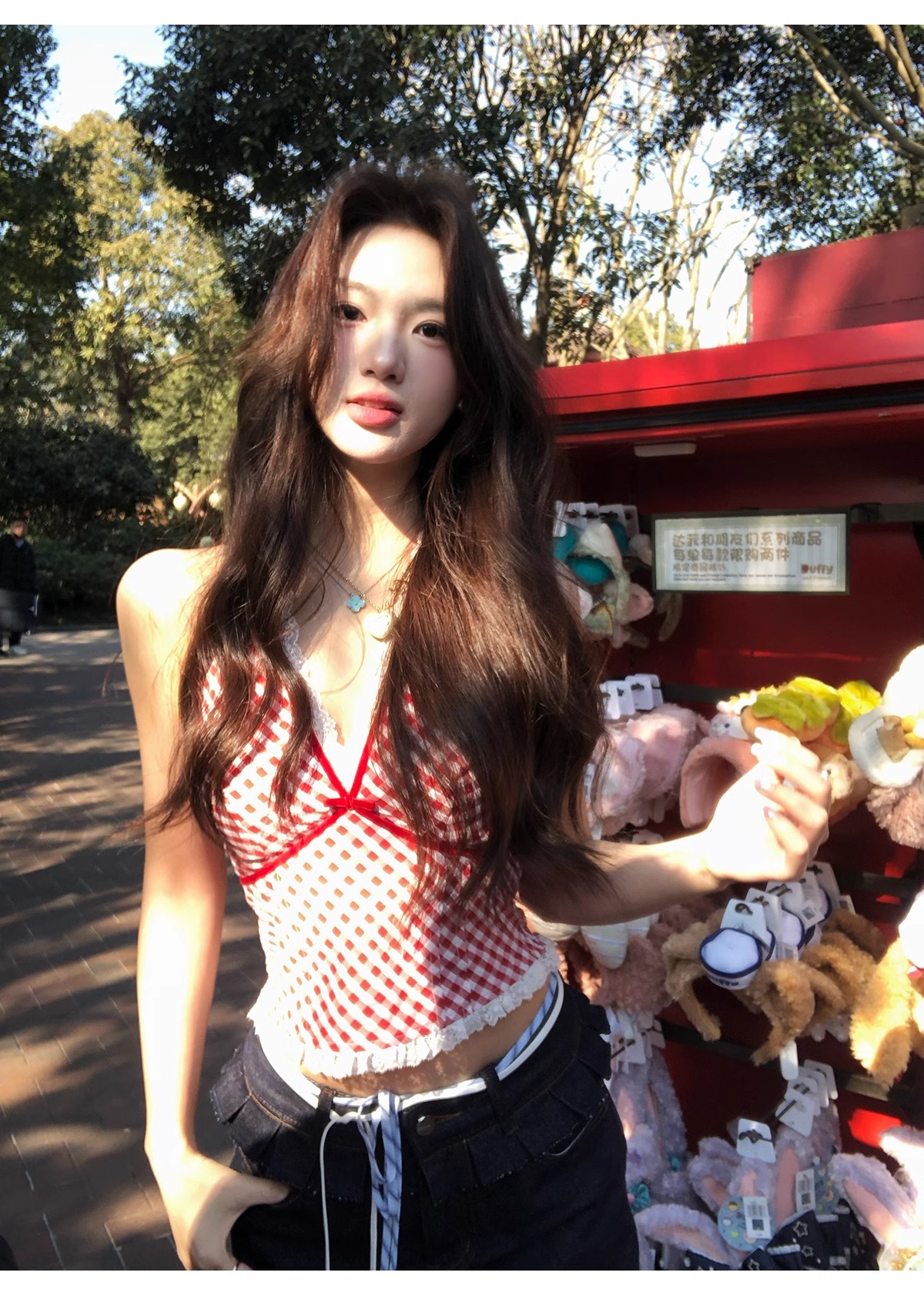 빨간색 작은 대중 체크무늬 조끼 슬립 여성 여름 패치워크 레이스 인사이드 가져 가라. 섹시함 행침 목 핫걸 맨위