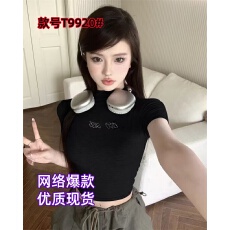 批发欧美纯欲风半高领短袖<b class='q'>t</b><b class='q'>恤</b>女正肩夏季烫钻设计感辣妹短款上衣ins潮