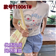 批发韩国ins小众复古涂鸦<b class='q'>贝壳</b>印花正肩短款修身显瘦纯棉高弹短袖T恤女