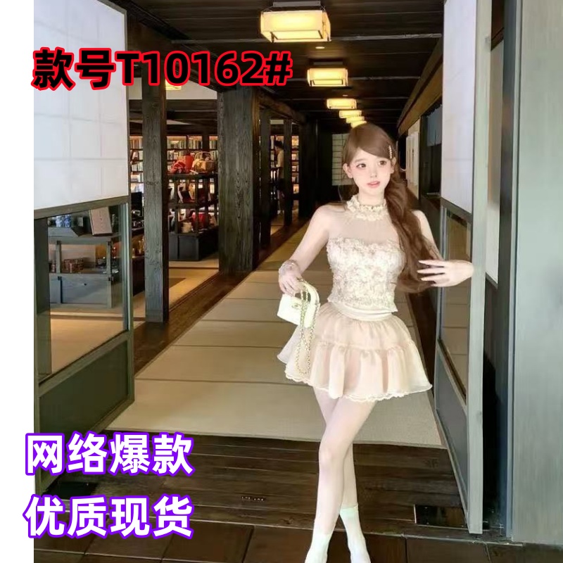 오래된 꿈 웬얀 순수한 욕망 바람 달콤함 꽃 레이스 행침 목 민소매 맨위 하이웨이스트 슬림해 보이는 퍼프 미니 스커트 세트