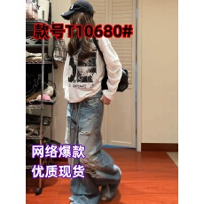 批发美式复古做旧摇滚印花长袖T恤男女宽松圆领百搭情侣罩衫上衣