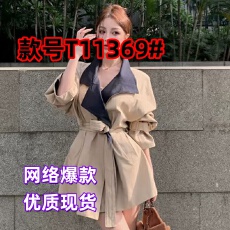 批发原版做法气质撞色中长款风衣外套女新款韩版系带收腰显瘦时尚大衣