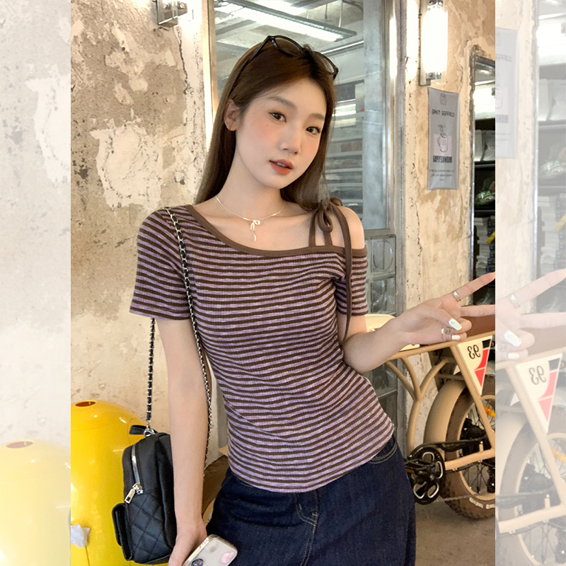 MY8823# 紫色条纹斜肩短袖t恤女夏季修身韩系露肩独特小上衣女裝貨源服裝批發