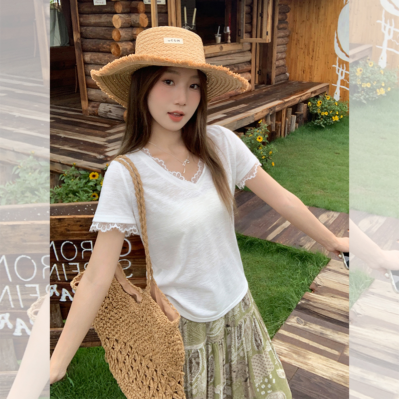 MY8828# 白色蕾丝V领短袖T恤女夏新款小众别致薄款宽松小上衣女裝貨源服裝批發