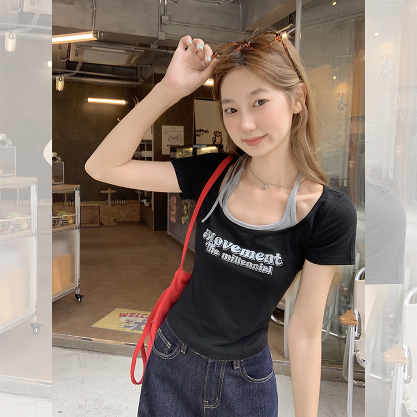 MY10836# 韩系假两件挂脖绑带短袖T恤女夏时尚撞色印花小上衣女裝貨源服裝批發