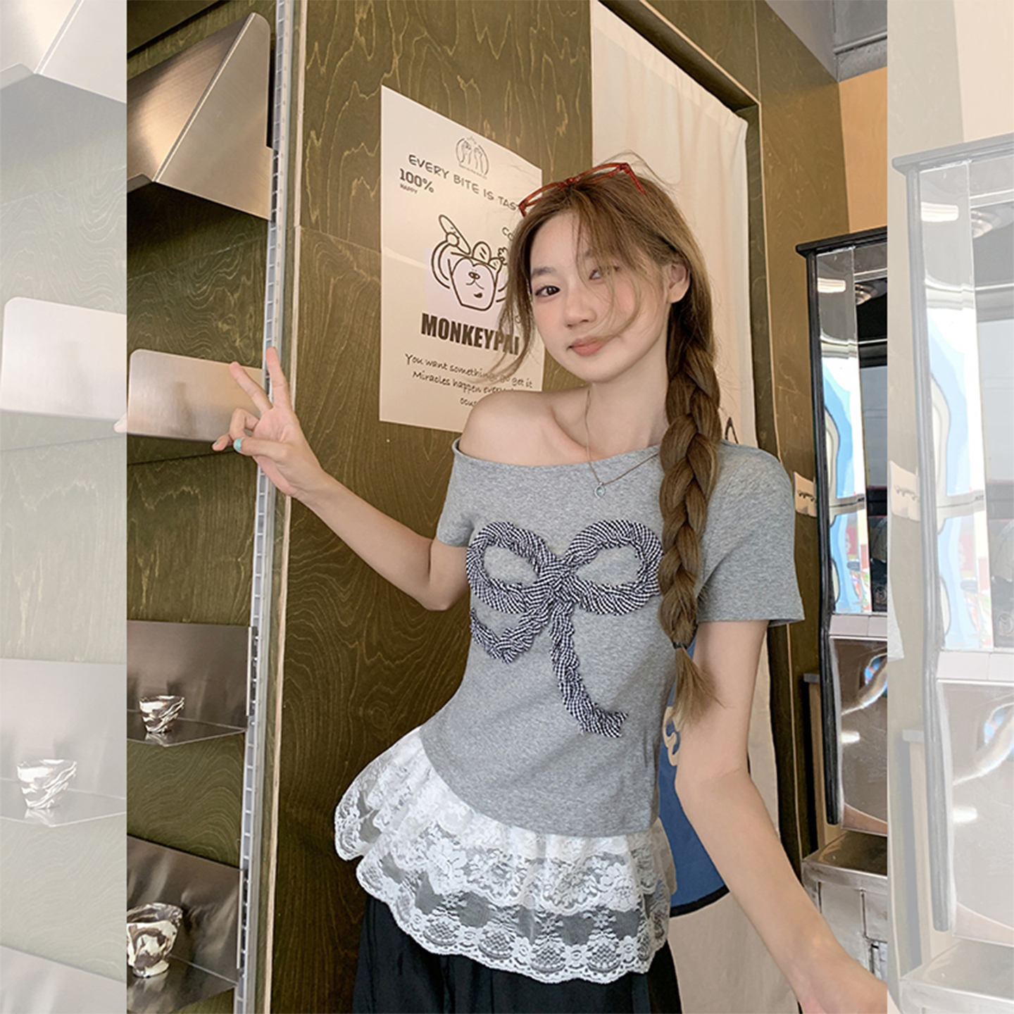 MY10833# 韩版花灰立体蝴蝶结短袖T恤女夏新款斜肩修身小上衣女裝貨源服裝批發