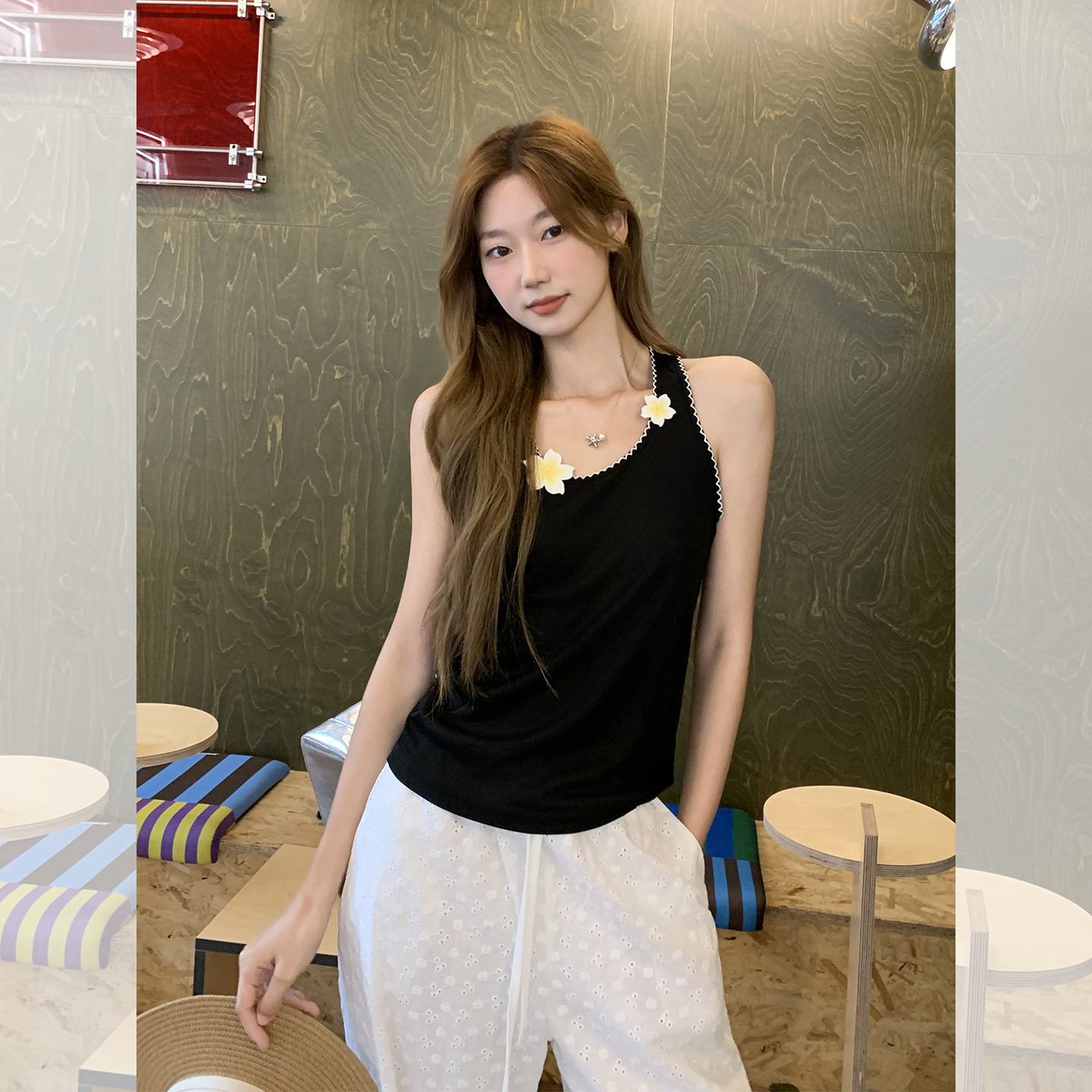 FA33939# 夏季新款设计感绝美无袖外穿修身上衣花朵小吊带背心 服裝批發女裝批發服飾貨源
