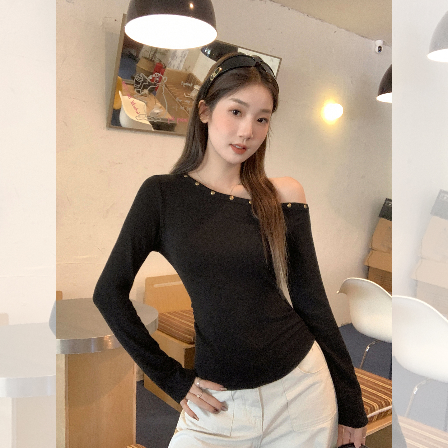 MY70326# 打底衫上衣潮辣妹斜肩黑色长袖t恤女新款露肩修身女裝貨源服...