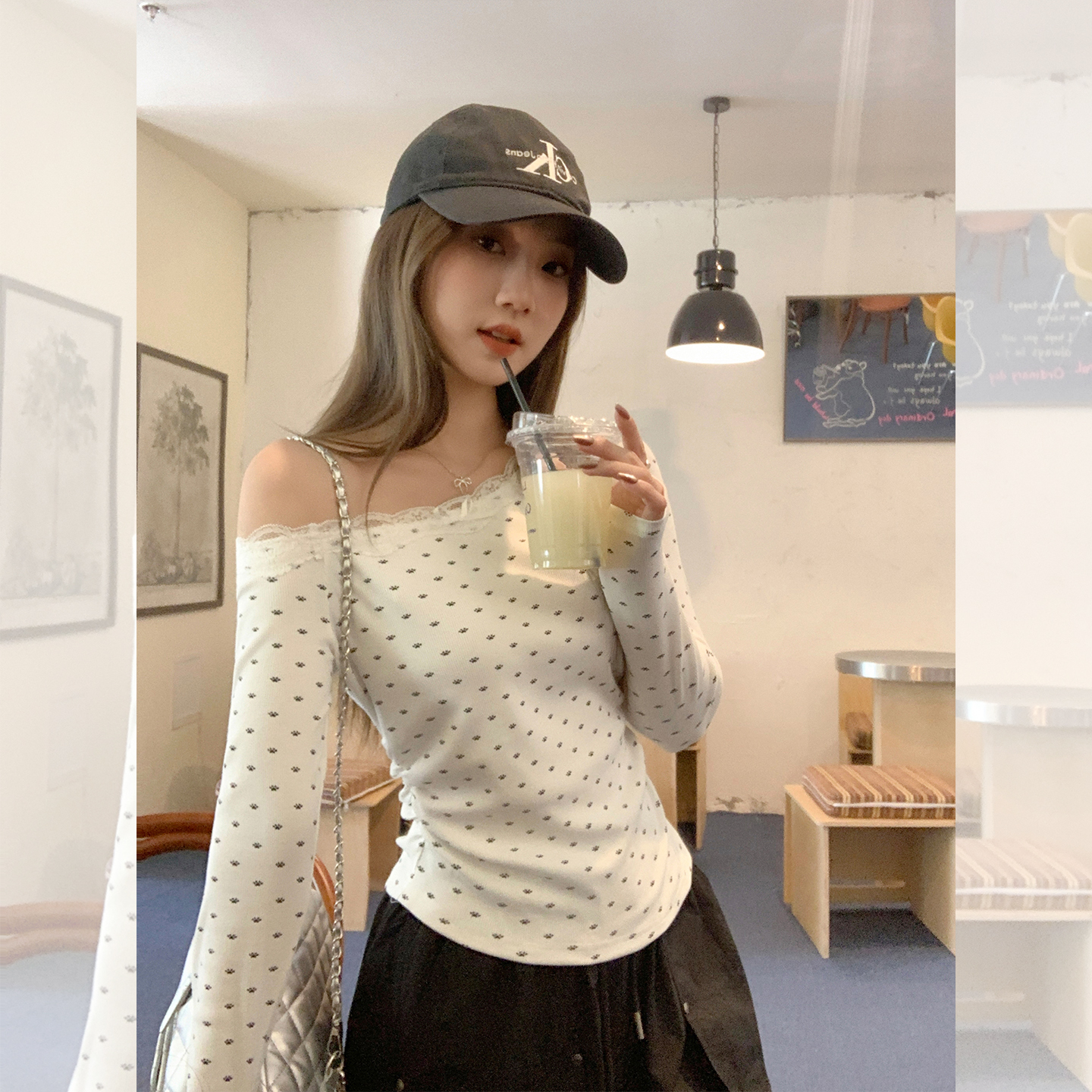 实拍实价韩版温柔印花斜领蕾丝露肩长袖T恤女2025初秋设计感上衣