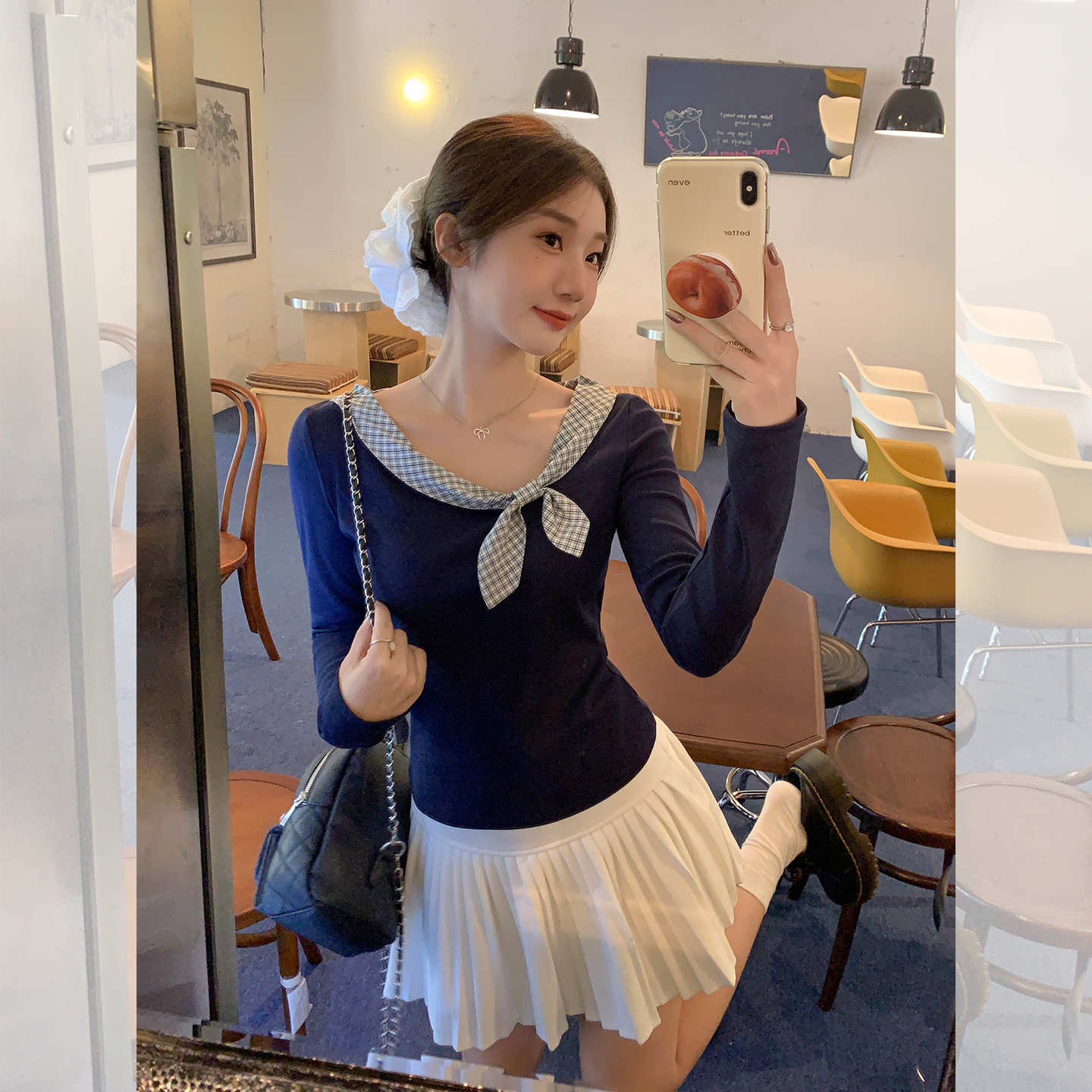 实拍实价格纹撞色拼接蝴蝶结设计感长袖T恤女2025秋季新款小上衣