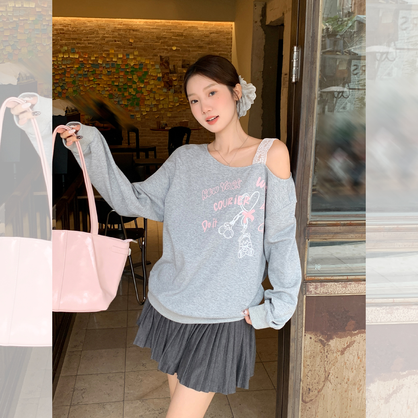 MY70112# 斜领露肩蕾丝拼接设计感针织长袖新款印花上衣女裝貨源服裝批發