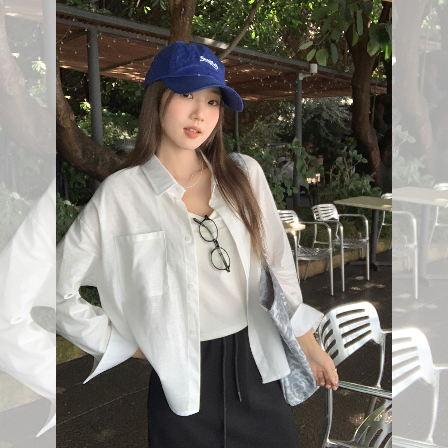 MY70331# 慵懒风纯色口袋白色宽松显瘦翻领衬衫女薄款百搭休闲衬衣女裝...