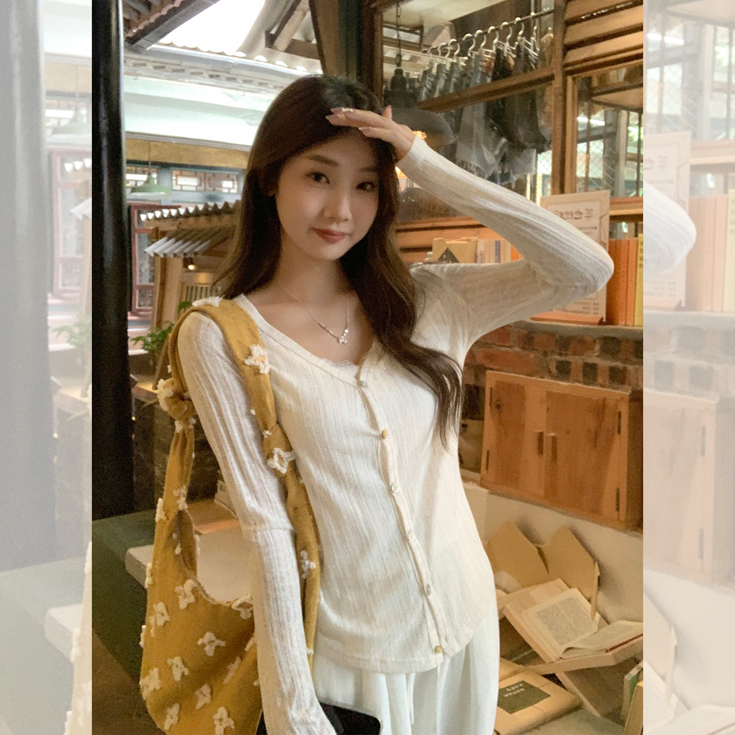 MY70327# 韩系v领针织开衫长袖女纽扣镂空新款设计感显瘦上衣女裝貨源...
