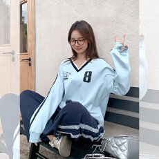 批发实拍实价蓝色美式条纹v领卫衣女秋季慵懒风宽松蕾丝花边上衣<b class='q'>外套</b>