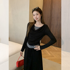 批发<b class='q'>实拍</b>实价韩系荡领撞色假两件收腰长袖T恤女早秋修身内搭显瘦上衣