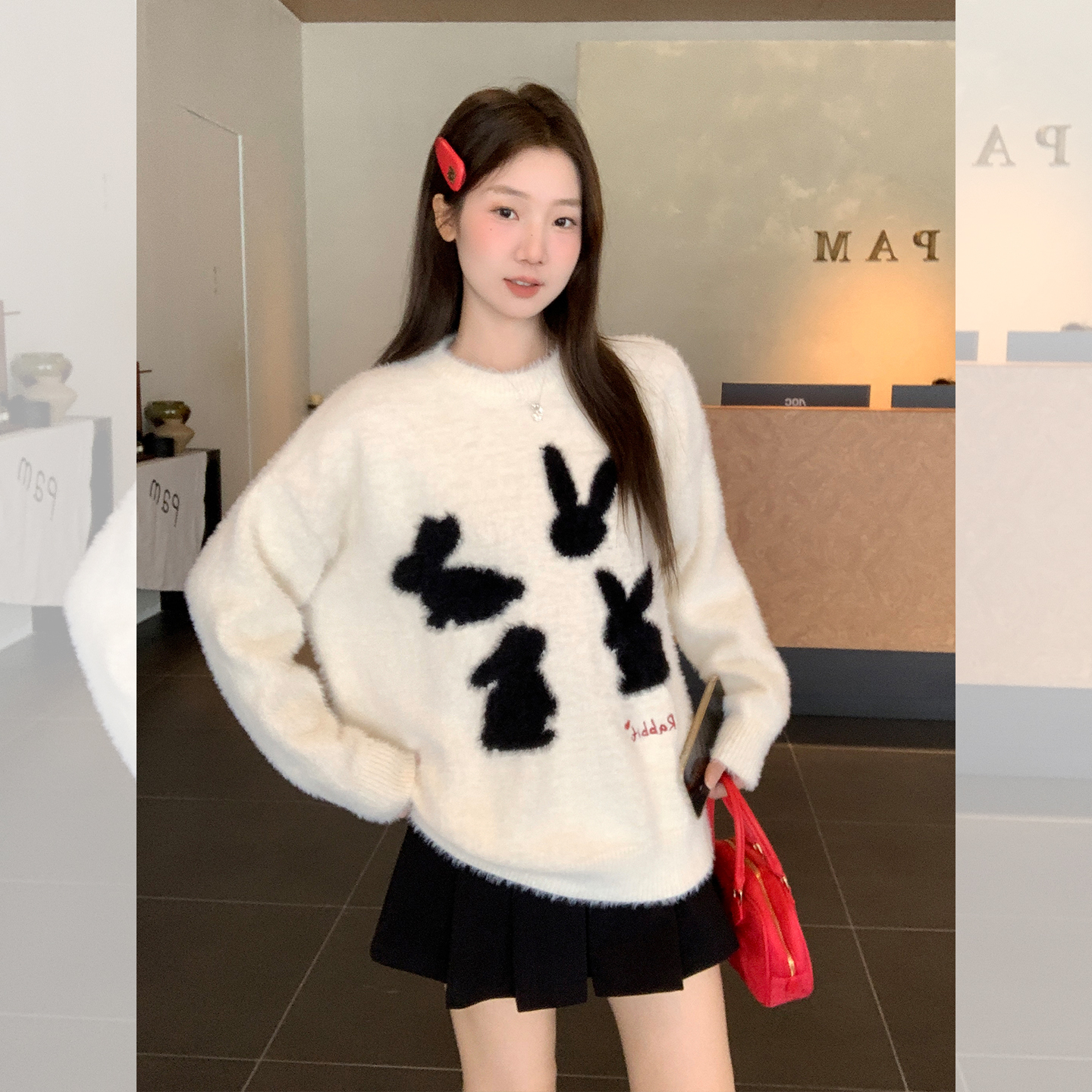 实拍实价兔子复古剪影水貂毛圆领毛衫百搭可爱慵懒毛衣女秋针织衫