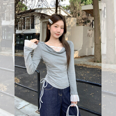 批发实拍实价纯欲风荡领抽绳蕾丝拼接假两件<b class='q'>长袖</b><b class='q'>t</b><b class='q'>恤</b>女2025秋新款上衣