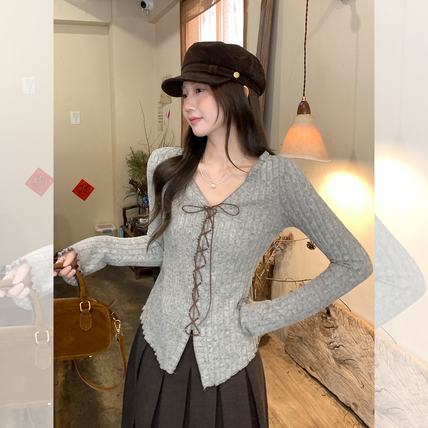 实拍实价韩系气质蝴蝶结绑带V领长袖女秋温柔开叉设计感显瘦上衣