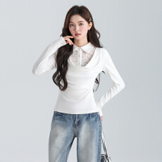 批发实拍实价假两件蕾丝拼接翻polo荡领长袖<b class='q'>T</b><b class='q'>恤</b>2025秋冬修身内搭上衣