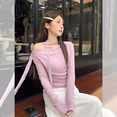 批发实拍实价韩系纯欲荡领蕾丝飘带长袖t恤女秋收腰<b class='q'>显瘦</b>内搭打底上衣