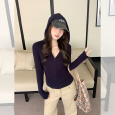 批发实拍实价设计感小众气质连帽长袖开衫外套女秋季<b class='q'>修身</b>显瘦别致上衣