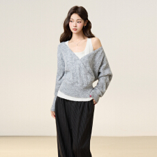 批发实拍实价美式复古灰色<b class='q'>罩衫</b>长袖V领百搭显瘦针织上衣女秋冬季新款